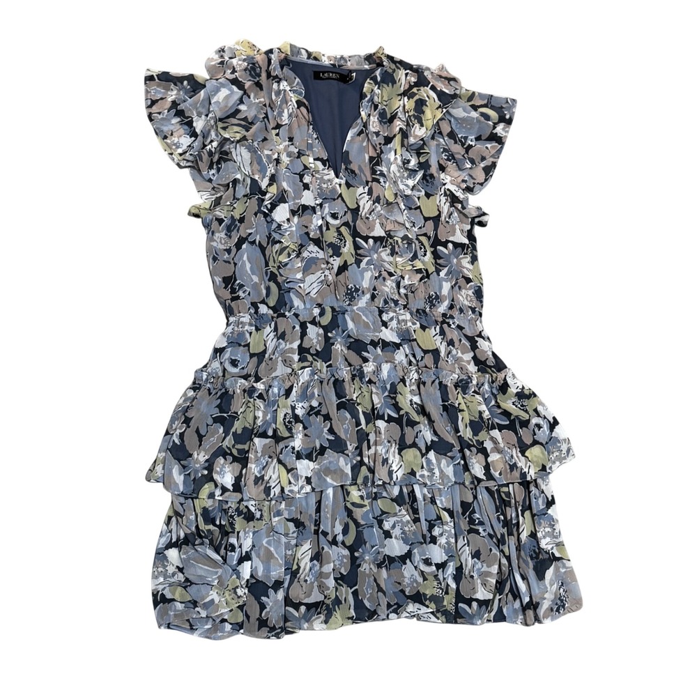 Lauren Ralph Lauren Dress Womens 18 Blue Floral Ruffle Tiered Mini Excellent